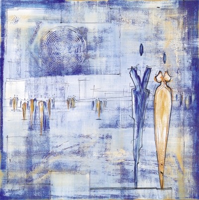 Neumark Joram, Walk On By II (Blue) (Personen, Stadt, Platz, körperlos, modern, abstrahiert, Figurativ, zeitgenössische Malerei, Wohnzimmer, Treppenhaus, Büro, bunt)