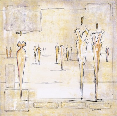 Neumark Joram, Walk On By III (Creme) (Personen, Platz, körperlos, modern, abstrahiert, Figurativ, zeitgenössische Malerei, Wohnzimmer, Treppenhaus, Büro, bunt)