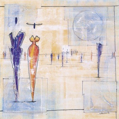 Neumark Joram, Walk On By IV (Creme/Blue) (Personen, Platz, körperlos, modern, abstrahiert, Figurativ, zeitgenössische Malerei, Wohnzimmer, Treppenhaus, Büro, bunt)