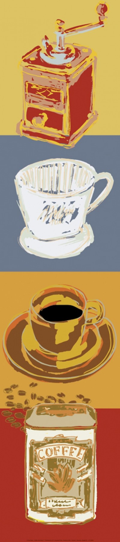 Rod Neer, Coffee And More I (Kaffee, Filter, Kaffeefilter, Melitta, Kaffeemühle, Kaffeedose, Pop/Op Art, Pop Art, Kult, Vintage, Wohnzimmer, Küche, Esszimmer, Treppenhaus, bunt)