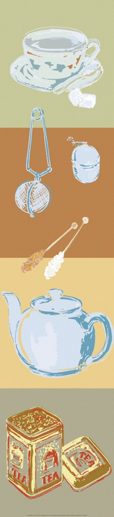 Rod Neer, Tea Time II (Tee, Teesieb, Teedose, Teetasse, Teekanne,Kandiszucker, Pop/Op Art, Pop Art, Kult, Vintage, Wohnzimmer, Küche, Esszimmer, Treppenhaus, Bistro, Teestube, bunt)