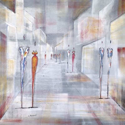 Neumark Joram, Streetlife I (Grey) (Personen, Stadt, Straße, körperlos, modern, abstrahiert, Figurativ, zeitgenössische Malerei, Wohnzimmer, Treppenhaus, Büro, bunt)