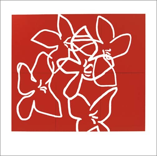 Nicolas Le Beuan Bénic, Fleurs blanches sur fond rouge, 2003 (Büttenpapier) (Modern, Malerei, Zeichnung, Abstrakt, Blüten, weiß / rot)