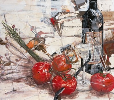 Norbert Mayer, Und sieht die rote Frucht (Tomaten, Schnittlauch, Flasche, Stillleben, Malerei, Modern, Esszimmer, Küche, Bistro, Wunschgröße, bunt)