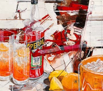 Norbert Mayer, Aperol (Party, Fest, Sommergetränk, Spritz, Longdrinkgläser, Eiskübel, Orangen, Zitronen, Stillleben, Malerei, Modern, Esszimmer, Küche, Bistro, Wunschgröße, bunt)