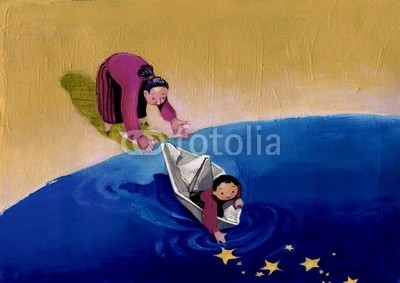 nuvolanevicata, figli (kind, zukunft, hoffnung, lieblich, reise, zuwachs, mutter, mutter, baby, see, boot, zeichnung, romantisch, bildung, malen, blues, gelb, szene, konzept, elegant, portrait, unabhängigkeit, lehre)