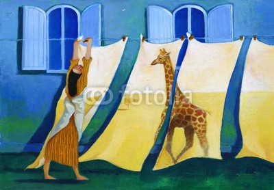 nuvolanevicata, giraffa (konzept, ideen, surreal, leinen, bettuch, garten, giraffe, mädchen, traum, sommer, wiese, fenste)