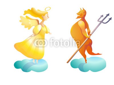 nuvolanevicata, angelo e diavolo (engel, teufel, gut, übel, symbol, icon, himmel, figurine, zeichnung, vektor, himmel, feuer, kontrast, wettbewerb, märche)