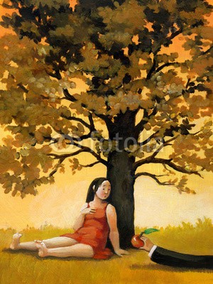 nuvolanevicata, young eva (eva, schlange, äpfel, welle, versuchung, sünder, junge, wachsen, besorgt, gewissen, kurzgeschichten, paar, verführung, abend, abendsonne, herbst, mädchen, gelb, orange, komik, ironie, figurine, sarkasmus, bibel, biblisch, mytho)