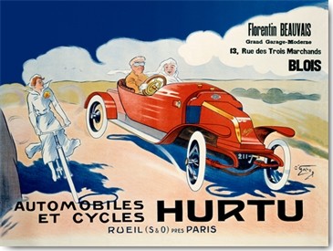 O´Galop, Hurtu Automobiles et Cycles (Plakat, Vintage, Retro, Autorennen, Nostalgie, Rennwagen, Radfahrerin, Paris, Grafik, Wohnzimmer, Wunschgröße, bunt)