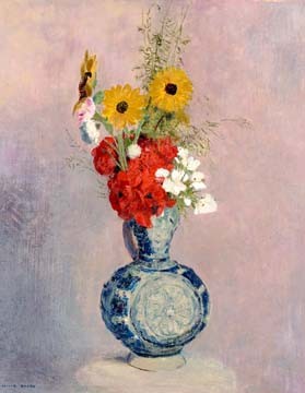 Odilon Redon, Blumenstrauß in blauer Vase (Postimpressionismus, Stillleben, Blumenvase, Blüten, Blumen, floral, klassische Moderne, Malerei, Wohnzimmer, Esszimmer, Treppenhaus, Wunschgröße, bunt)