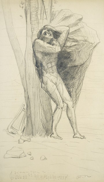 Odilon Redon, Die Verzweiflung des Orpheus (Wunschgröße, klassische Moderne, Symbolismus, Figurativ, Kohlezeichnung, Mythologie, Sagenwelt,Eingang Hades, Mann, Noten, Skizze, Treppenhaus, Wohnzimmer, schwarz/weiß)