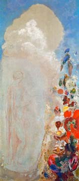 Odilon Redon  Frauengestalt und Blumen (Symbolismus, Frau, Auro, Wolke, floral, Blüten, Blumen, floral, klassische Moderne, Malerei, Wohnzimmer, Treppenhaus, Wunschgröße, bunt)