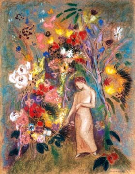 Odilon Redon  Frauengestalt in Blumen (Symbolismus, Frau, Blumenmeer, Blüten, Blumen, floral, klassische Moderne, Malerei, Wohnzimmer, Treppenhaus, Wunschgröße, bunt)