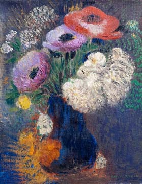 Odilon Redon  Phantasieblumen und Anemonen (Postimpressionismus, Stillleben, Blumenvase, Blüten, Blumen, floral, klassische Moderne, Malerei, Wohnzimmer, Esszimmer, Treppenhaus, bunt)