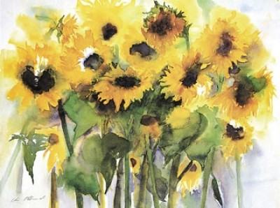 Christa Ohland, Sonnenblumenfeld (Sonnenblumen, Blumen, Blüten,floral, Strauß, Sommer, Malerei, modern, Wohnzimmer, Treppenhaus, Esszimmer, bunt)