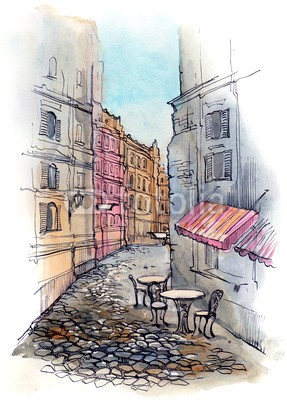 okalinichenko, cafe on the street (architektur, kunst, hintergrund, backstein, braun, gebaut, kaffee, stadt, verfärbt, kultur, tage, äusseres, fassade, horizontale, idyllisch, angestrahlt, abbild, italien, leaf, life, tisch, ahorn, natur, niemand, alt, orange, draußen, malere)