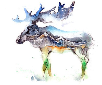 okalinichenko, elk (tier, landschaftlich, berg, natur, draußen, elch, ard, wild, national, park, wildnis, haustier, extrem, schönheit, horn, säugetier, terrain, abbildung, wildlife, verfärbt, entfernt, reserve, himmel, large, beruhigt, fels, szene, anblick, felsi)