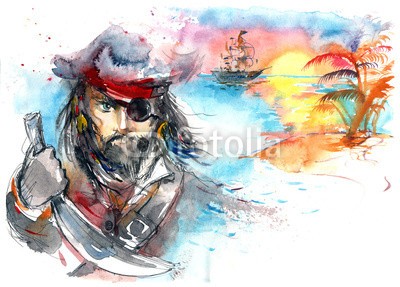 okalinichenko, fairytale pirate (pirat, erzählung, fantasy, himmel, erwachsen, charakter, leute, meer, märchen, gesicht, bart, insel, abbildung, kostüm, horizont, locations, schiff, alt, über, wut, nautisch, wasser, exzenter, reisen, fahrzeug, sailing, männlich, mann, wetter, konzep)