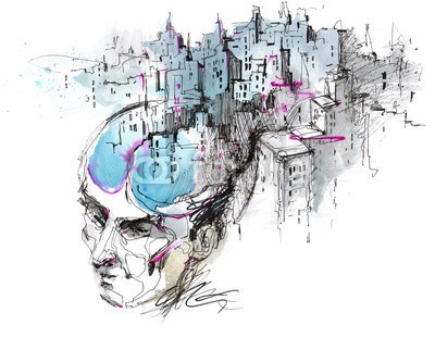 okalinichenko, man's thoughts (gedanken, kopf, hirn, gesicht, gedächtnis, alt, town, urbano, szene, life, leute, konzept, äusseres, gebäude, stadt, gebaut, strukturen, business, draußen, abbildung, kunst, betrachtung, mann, architektur, gestalten, denkend, schönheit, entwerfe)