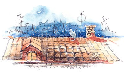 okalinichenko, on roof (himmel, gebäude, architektur, zuhause, dach, anblick, stadt, straße, blau, nacht, landen, licht, sommer, draußen, gebäude, haus, town, stadtteil, hoch, schöner, wohn, überdachung, licht, schlösser, panorama, fenster, weihnachten, dunkel, ruhi)