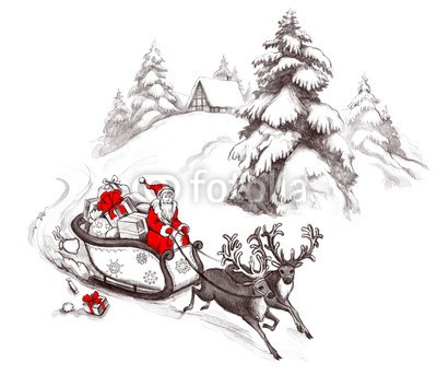 okalinichenko, Santa on his way (weihnachtsmann, way, horn, kunst, baby, hintergrund, glocke, schwarz, schlitten, weihnachten, stutzen, verfärbt, kristalle, dunkel, hirsch, elch, glühend, hand, hügel, urlaub, haste, eis, abbildung, abbild, life, neu, nacht, ornament, verziert, malere)