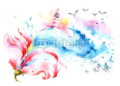 okalinichenko, summer fantasy (leuchtturm, seemöwe, meer, gull, wasser, natur, reisen, locations, verfärbt, weiß, movement, abstrakt, hintergrund, schöner, blume, blütenblätter, schmetterling, vögel, himmel, nautisch, rot, sommer, seelandschaft, fliegender, sunlight, well)