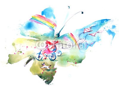 okalinichenko, summer (sport, lebensstil, weiblich, abbildung, fahrrad, schmetterling, frau, radsport, spaß, jagd, freizeit-, blume, gesund, schönheit, fröhlich, draußen, aufgaben, leisure, betätigung, fröhlichkeit, sommer, malerei, freude, mädchen, natur, entspannun)