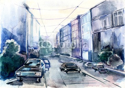 okalinichenko, urban city street (urbano, stadt, straße, szene, life, abbild, äusseres, gebäude, gebaut, strukturen, licht, stadtteil, niemand, verfärbt, autos, büro, reisen, ausstattung, architektur, downtown, straßen, anblick, horizontale, hintergrund, europäisch, abenddämmerun)
