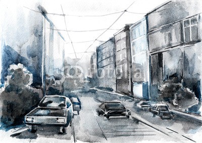 okalinichenko, urban city street (urbano, stadt, straße, szene, life, abbild, äusseres, gebäude, gebaut, strukturen, licht, stadtteil, niemand, verfärbt, autos, büro, reisen, ausstattung, architektur, downtown, straßen, anblick, horizontale, hintergrund, europäisch, abenddämmerun)