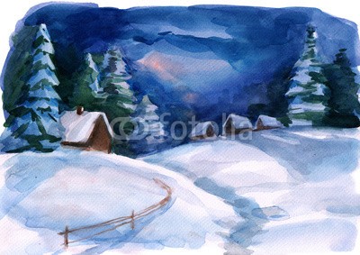 okalinichenko, winter village (dorf, winter, haus, szene, schnee, baum, beruhigt, kalt, niemand, nacht, abbild, weihnachten, malerei, abbildung, draußen, blau, landschaft, vermissen, urlaub, himmel, natur, reisen, reiseziel, jahreszeit, landlich, landschaftlich, weiß, urlaub, woh)