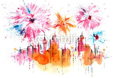 okalinichenko, holiday (urlaub, feuerwerk, groß, modern, stadt, nacht, feuer, farb, feier, display, event, himmel, spaß, beleuchtung, skyline, traditionell, ausstattung, architektur, pyrotechnik, rot, fröhlichkeit, urbano, blitz, coloured, geformt, festival, urlaub, szen)