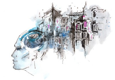 okalinichenko, man's thoughts (gedanken, kopf, hirn, gesicht, gedächtnis, alt, town, urbano, szene, life, leute, konzept, äusseres, gebäude, stadt, gebaut, strukturen, business, draußen, abbildung, kunst, betrachtung, mann, architektur, gestalten, denkend, schönheit, entwerfe)