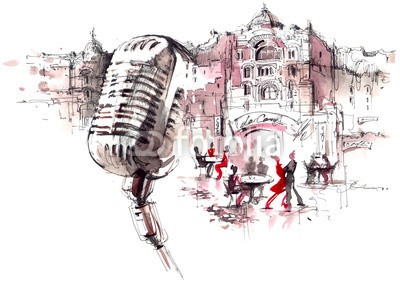 okalinichenko, retro microphone (retro, mikrofon, uralt, stadt, tanzen, lied, kaffee, trinken, leute, frau, stühle, kultur, urbano, revival, tisch, draußen, straße, szene, alt, mann, essen, betätigung, staat, entspannung, gebäude, romanze, bürgersteig, kunst, stadt, tänzer, weiblic)