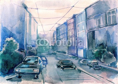 okalinichenko, urban city street (urbano, stadt, straße, szene, life, abbild, äusseres, gebäude, gebaut, strukturen, licht, stadtteil, niemand, verfärbt, autos, büro, reisen, ausstattung, architektur, downtown, straßen, anblick, horizontale, hintergrund, europäisch, abenddämmerun)
