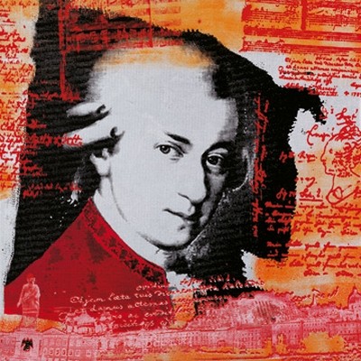 Oke Walberg, Mozart (Pop/Op Art, Wunschgröße, Wolfgang Amadeus Mozart, Komponist,  Portrait, Persönlichkeiten, Modern, Plakatkunst, Wohnzimmer, Treppenhaus, Arbeitszimmer, bunt)