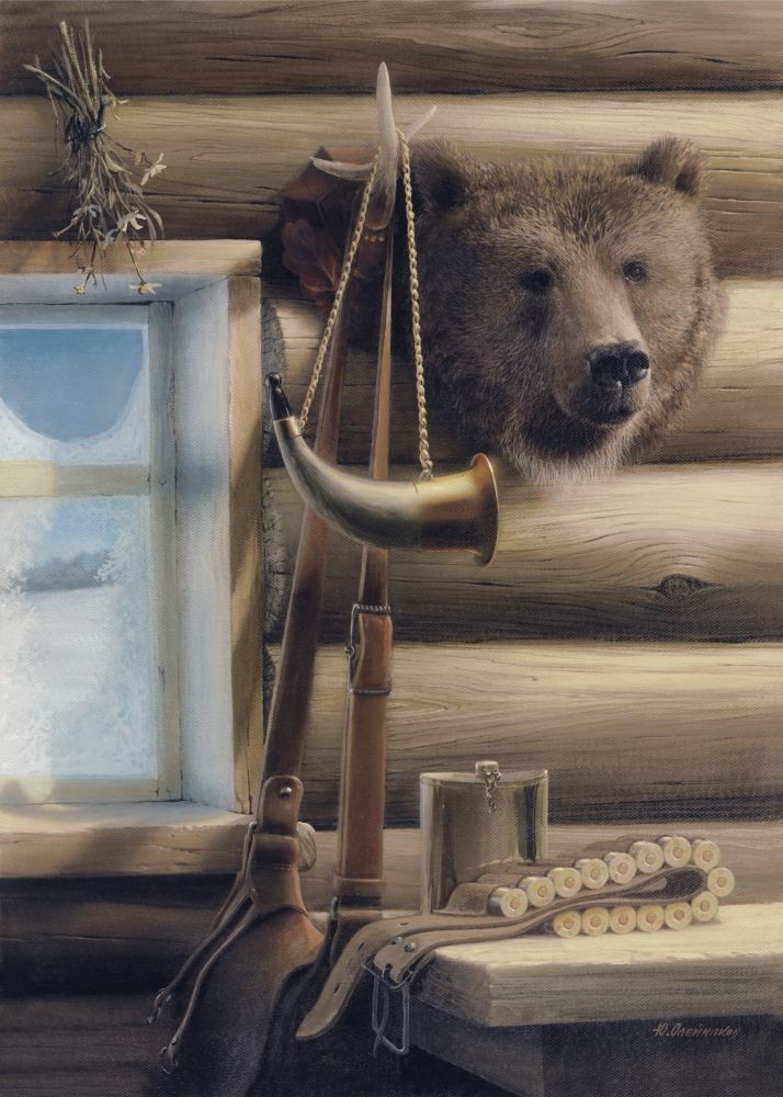 Oleynikov, HUNTING IN RUSSIA I (Trophäe, Bärenkopf, Jagdhorn, Jagdhütte, Blockhaus, Russland, Winter, Jagszimmer, Wohnzimmer, realistische Malerei, bunt)