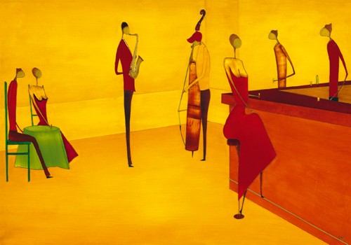 Ona, Bar Jazz (Bar, Cafe, Theke, Jazzbar, Musiker,  stilisiert, modern, Malerei, schrill, leuchtend, Wohnzimmer, Malerei, Wunschgröße,  rot/orange)