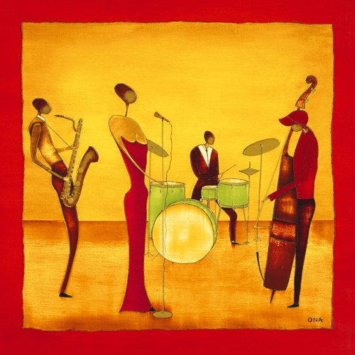 Ona, Jazz Band (Bar, Cafe, Jazzbar, Musiker, Band, Sängerin, stilisiert, modern, Malerei, schrill, leuchtend, Wohnzimmer, Malerei, Wunschgröße, rot/orange)