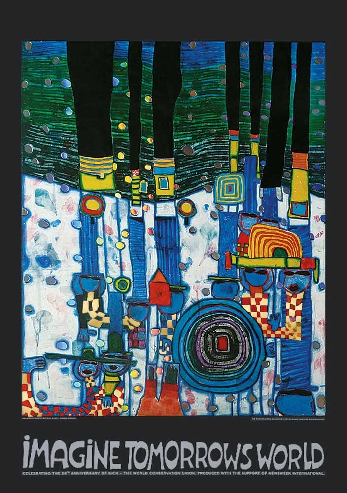 Friedensreich Hundertwasser, IMAGINE TOMORROW'S WORLD (blau/blue) (Malerei, Klassische Moderne, Abstrakt, Plakat,Die Welt von morgen, geometrische Muster, abstrakte Formen, Wohnzimmer, Arztpraxis, bunt)