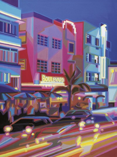 Opitz Werner, Miami Beach (Malerei, Modern, Stadt, Verkehr, Traffic, Abendszene, Lichtspuren, Pop Art, Treppenhaus, Wohnzimmer, bunt)