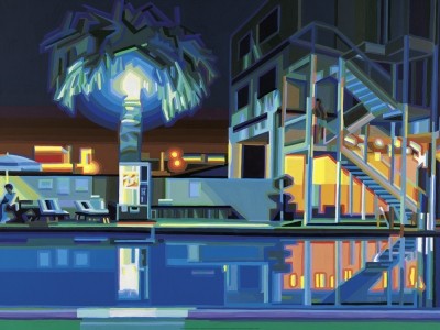 Opitz Werner, Millionaires Dream (Malerei, Modern, Architektur, Luxus, Traumvilla, Villa, Palme, Swimming Pool, Reichtum, Millionär, Abendszene, Pop Art, Treppenhaus, Wohnzimmer, Büro, bunt)