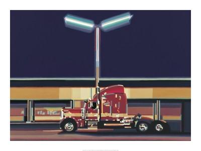Opitz Werner, Truck in Barstow (Malerei, Modern, Parkplatz, Truck, LKW, Lastwagen, Kalifornien, Nacht, Straßenlaterne, Pop Art, Treppenhaus, Wohnzimmer,  bunt)