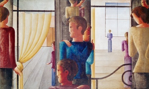 Oskar Schlemmer, Zwölfergruppe mit Interieur (Mensch, Personen, Saal, Durchblick, Vorhang, Bauhaus, kühl, Distanz, Gliederpuppen, Wohnzimmer, Treppenhaus, Malerei, Wunschgröße, bunt)