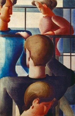 Oskar Schlemmer, Gruppe am Geländer I (Menschen, Treppengeländer, Bauhaus, kühl, Distanz, Gliederpuppen, Wohnzimmer, Treppenhaus, Malerei, Wunschgröße, bunt)