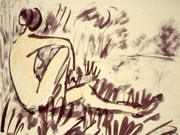 Otto Mueller, Nacktes Mädchen am Wasser sitzend (Teich, Mädchen, nackt, Skizze, Aktmalerei, Menschen, Expressionismus, Malerei, Wunschgröße, Wohnzimmer, Klassiker)