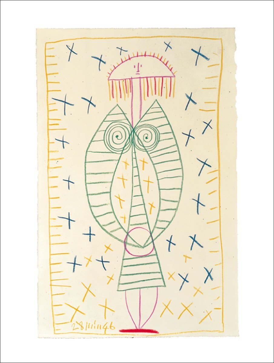 Pablo Picasso, Woman standing, 1946 (Klassische Moderne, Malerei, Kubismus, Frau, figurativ, Stehende, Muster,  geometrische Formen, Schlafzimmer, bunt)