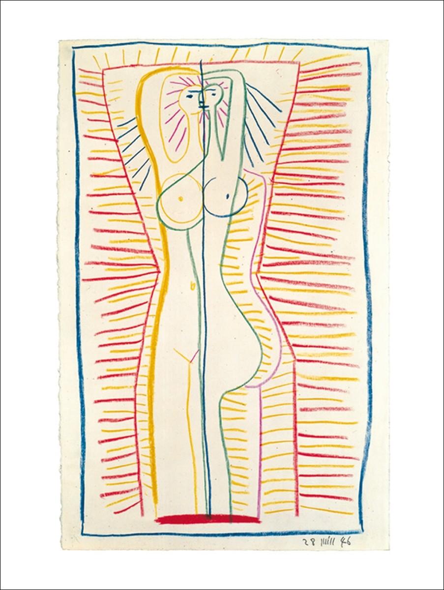 Pablo Picasso, Standing female nude II, 1946 (Klassische Moderne, Malerei, Kubismus, Frau, figurativ, Aktmalerei, Nackte, Stehende,Muster, geometrische Formen, Schlafzimmer, blau / bunt)