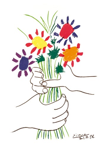 Pablo Picasso, Bouquet (Klassische Moderne, Malerei, Zeichnung, Blumen, Strauß, Blumenstrauß, Hände, Blumengeschenk, Schlafzimmer, Wohnzimmer, Treppenhaus, Arztpraxis, bunt)
