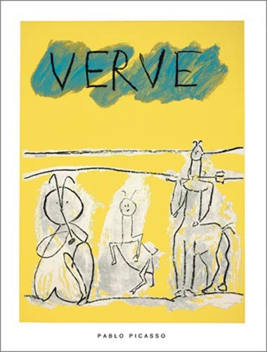 Pablo Picasso, Cover for Verve, 1951 (Büttenpapier) (Klassische Moderne, Malerei, Kubismus, Kentaur, Mann, Pferd figurativ, Mythologie, Sagen, Fabelwesen, Zirkus, Leidenschaft, geometrische Formen, Schlafzimmer, gelb / grün)